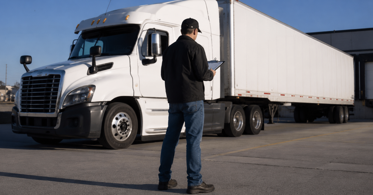 Professional dry van CDL driver in Kansas City preparing for a regional route with a dry van trailer